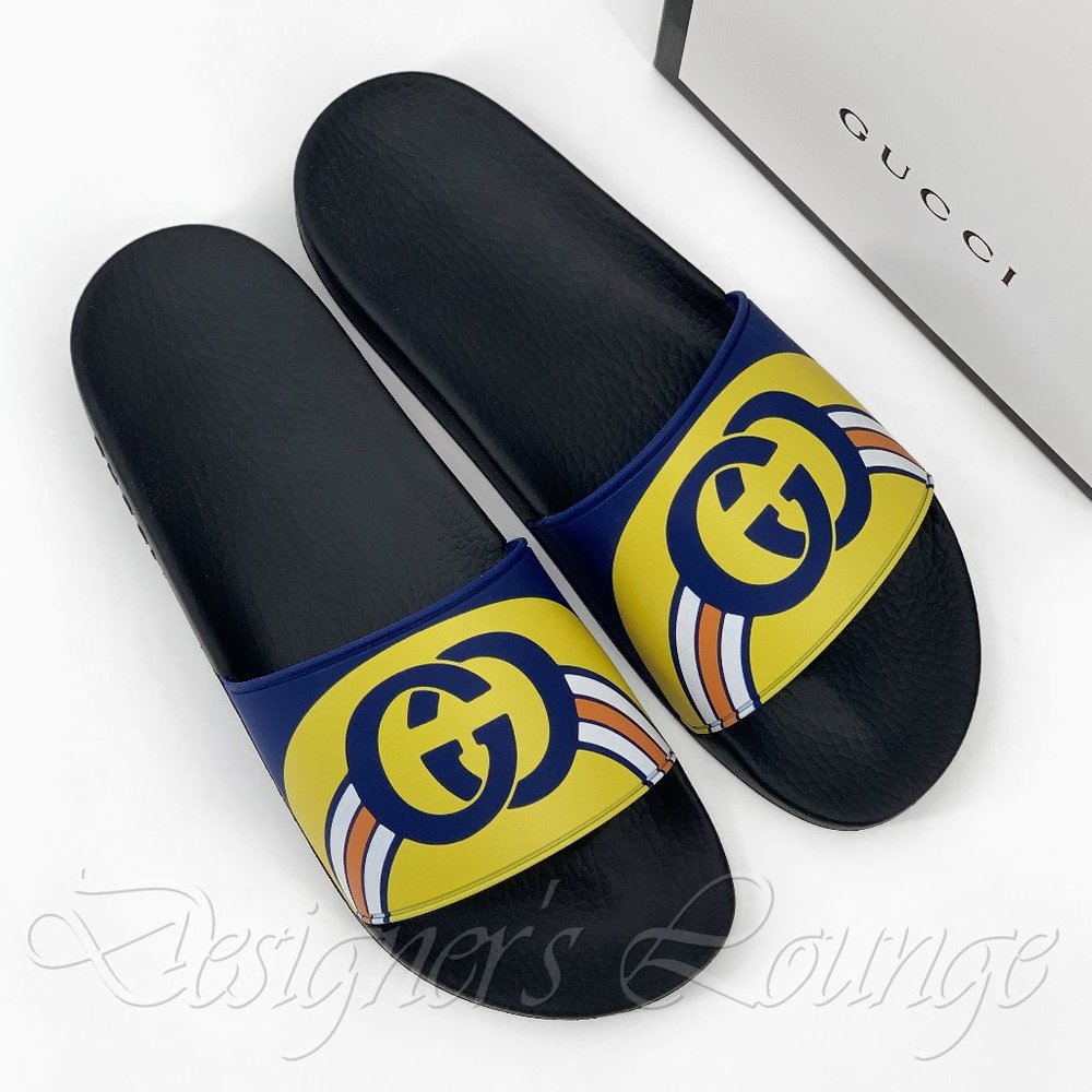 SOLD! NEW GUCCI Interlocking GG Logo Rainbow Slides 9 G / US 9.5 Flip Flops - Picture 1 of 13